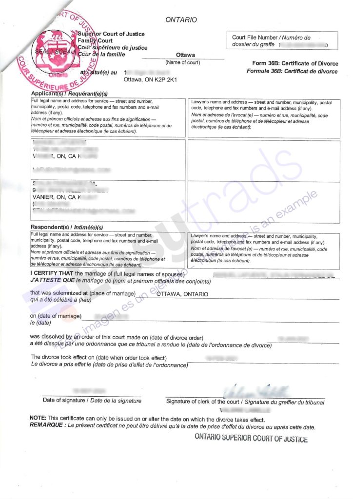 Traducción jurada Certificado de divorcio Canadá
