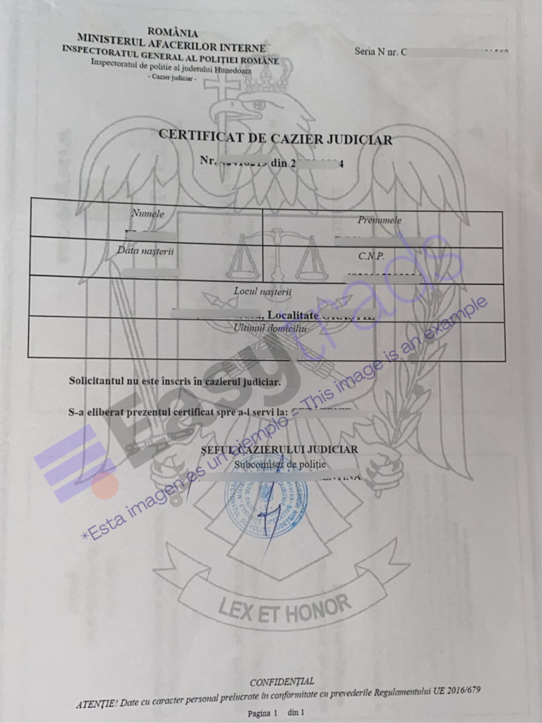 Traducción jurada de certificado de Antecedentes Penales de Rumania